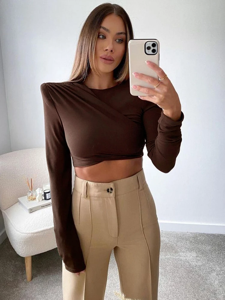 Long Sleeve Shoulder Pad Crop Top Women 2021 Brown Cotton Sexy Ruched T Shirts Autumn Black Streetwear Fashion Tee Tshirt Yuqung | Женская