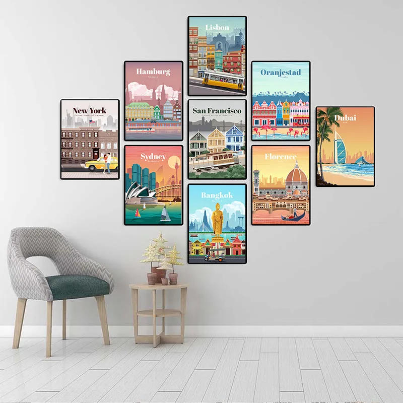 

Постер для путешествий, иллюстрация, семейный городской пейзаж, холст, художественная живопись, Настенная картина, украшение гостиной