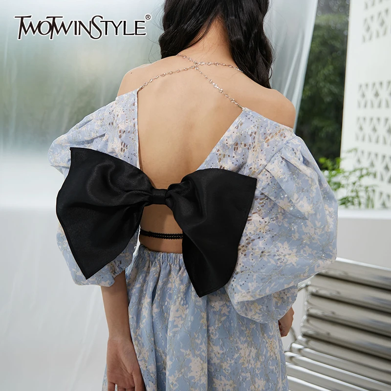 

TWOTWINSTYLE, сексуальные Bule, лоскутные, с бантом, рубашки для женщин, круглый вырез, пышные, с коротким рукавом, цветные, женские, 2021, осенняя, новая...