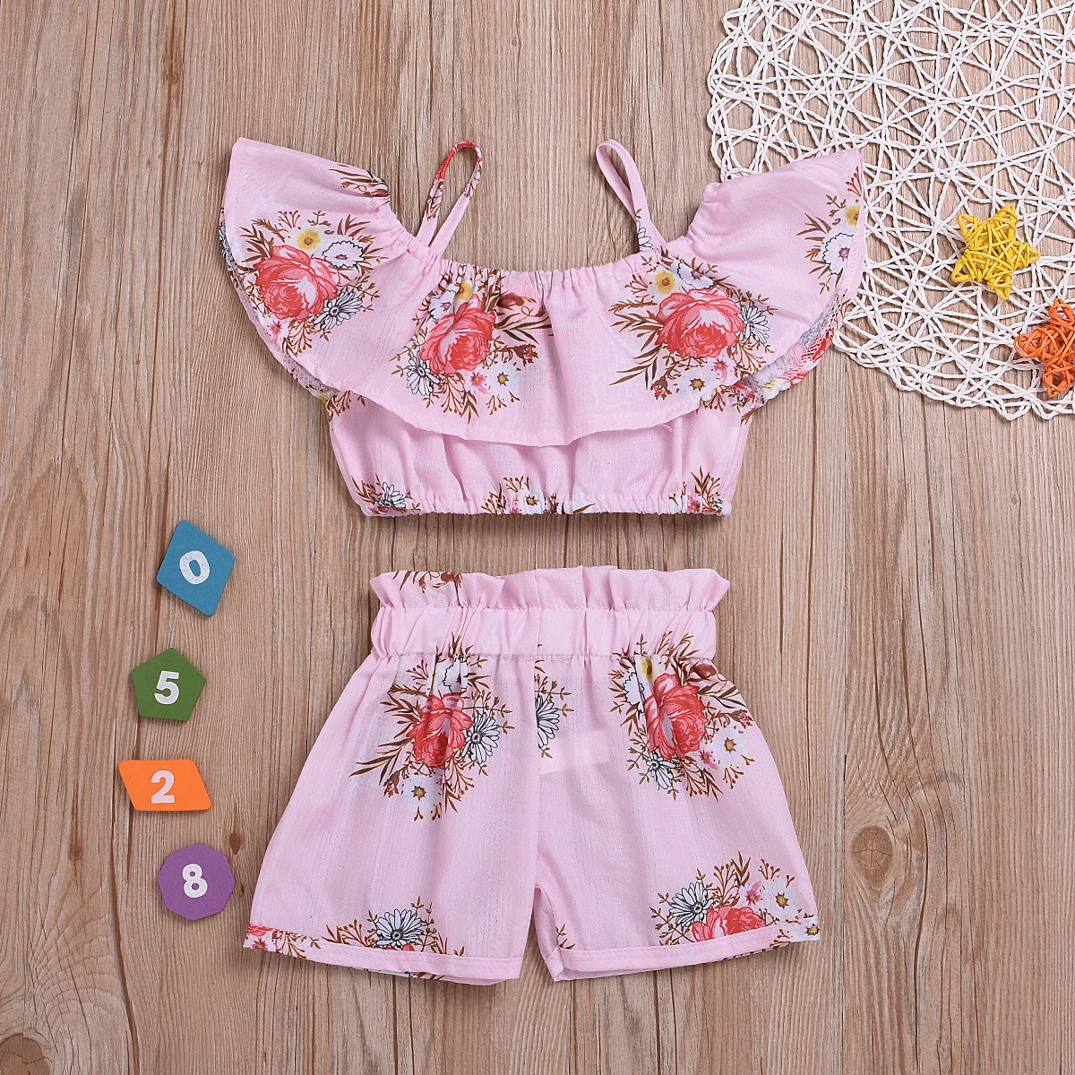 

2Pcs Baby Summer Clothes Infant Children Kid Toddler Girl Floral Outfits Shoulder Vest Tops+Short Pants Set Casual Sunsuit 1-6Y