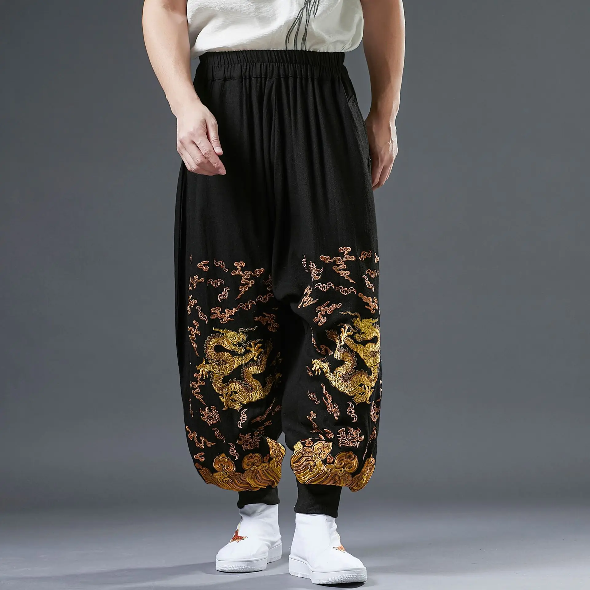 

Golden dragon pants Chinese wind youth lantern pants castor embroidered loose-fitting mid-waist casual pants stage performance