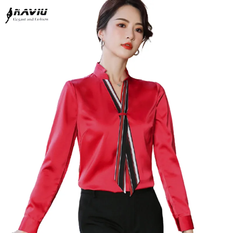 

Red Shirt Women Tie Design Spring 2021 New Fashion Temperament V Neck Casual Chiffon Blouses Office Ladies Work Tops