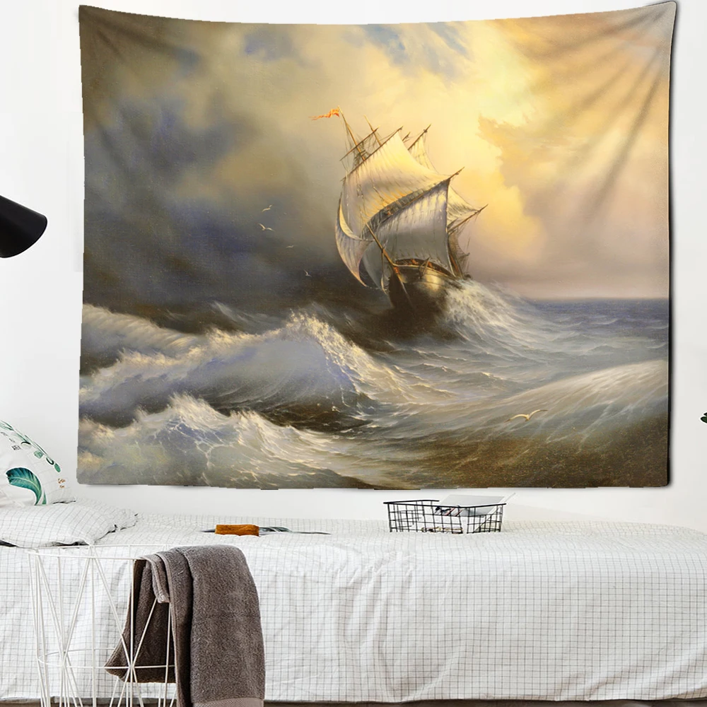 Классический настенный гобелен с волнистым парусником художественное украшение