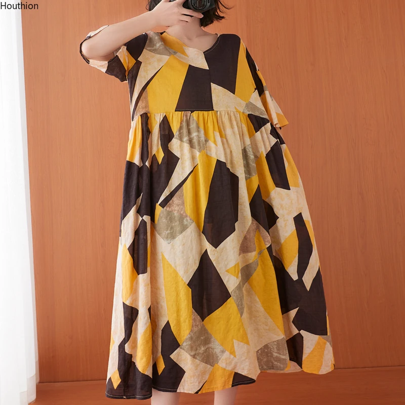 

Women's Dresses Plus Size Dress Print Retro Folk-custom O-neck Hemp Short Sleeve Dresse A-LINE Lady Cotton Mid-Calf Houthion