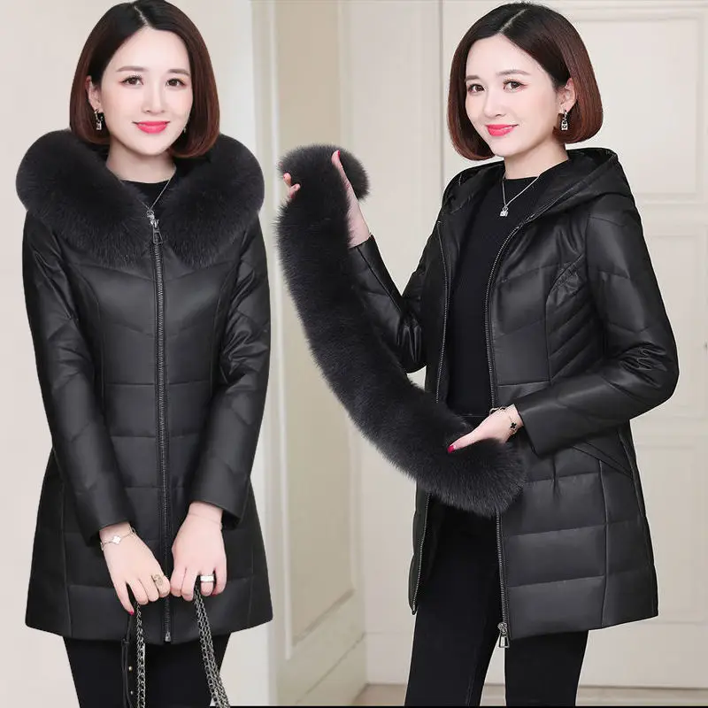 

Woman Solid Color Jacket Parkas Coat Female Autumn Winter PU Leather Coat Jacket Long Loose Coat Ladies Zipper Overcoat A127