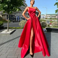 Fashion Strapless Evening Dress Red A-Line 2022 Sleeveless Sashes Prom Gown For Women Backless Split Party Gowns Robes De Soirée