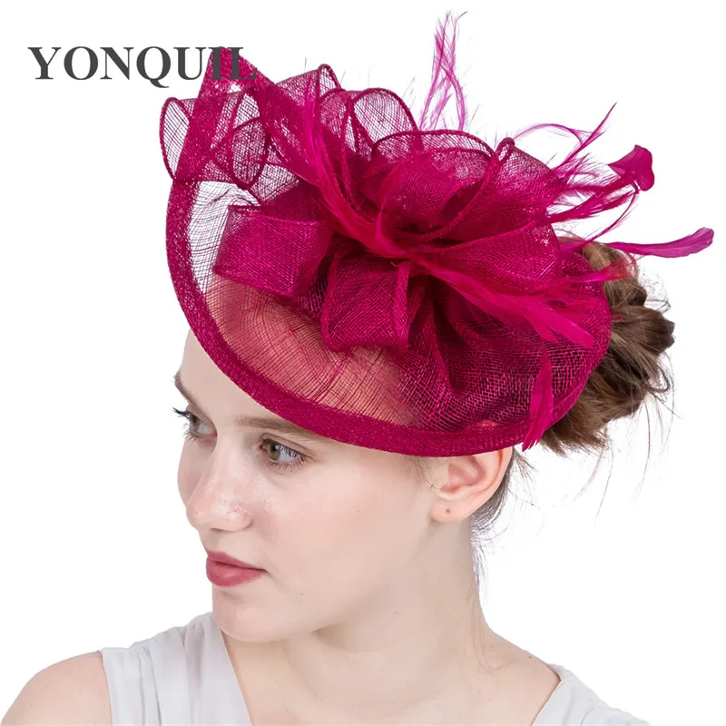 Шляп пурпурный Sinamay Женский вечерний головной убор с украшениями из перо леди