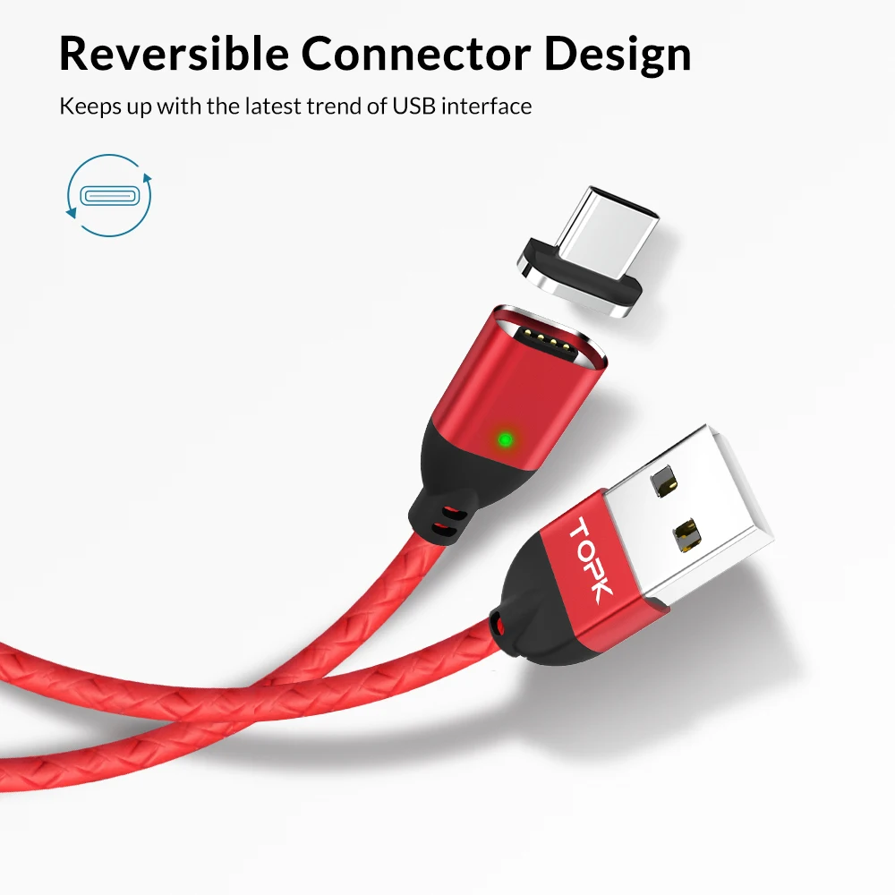 Магнитный usb-кабель TOPK 1 м для быстрой зарядки samsung Galaxy S9 Plus S8 3,0 USB type C кабель для быстрой зарядки и передачи данных type-C
