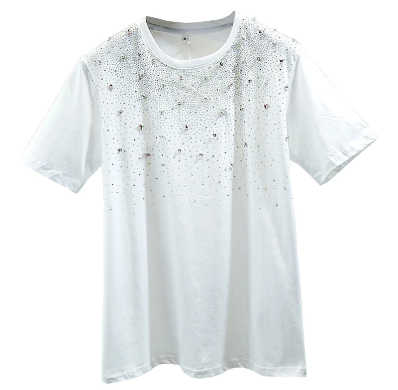 

Summer T-shirt Women Hot Drilling Handmade Diamond Pure Cotton O-Neck T-shirt Women's Fashion Loose-Fit Students Pink Basic Tees