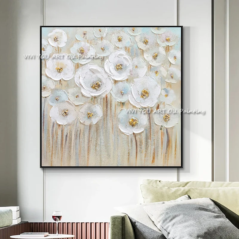 

Hot Sale 100% Handmade White Flower Oil Paintings Knife Picture Home Decoration 100% Handmade Wall Pictures Wall Art Unframed