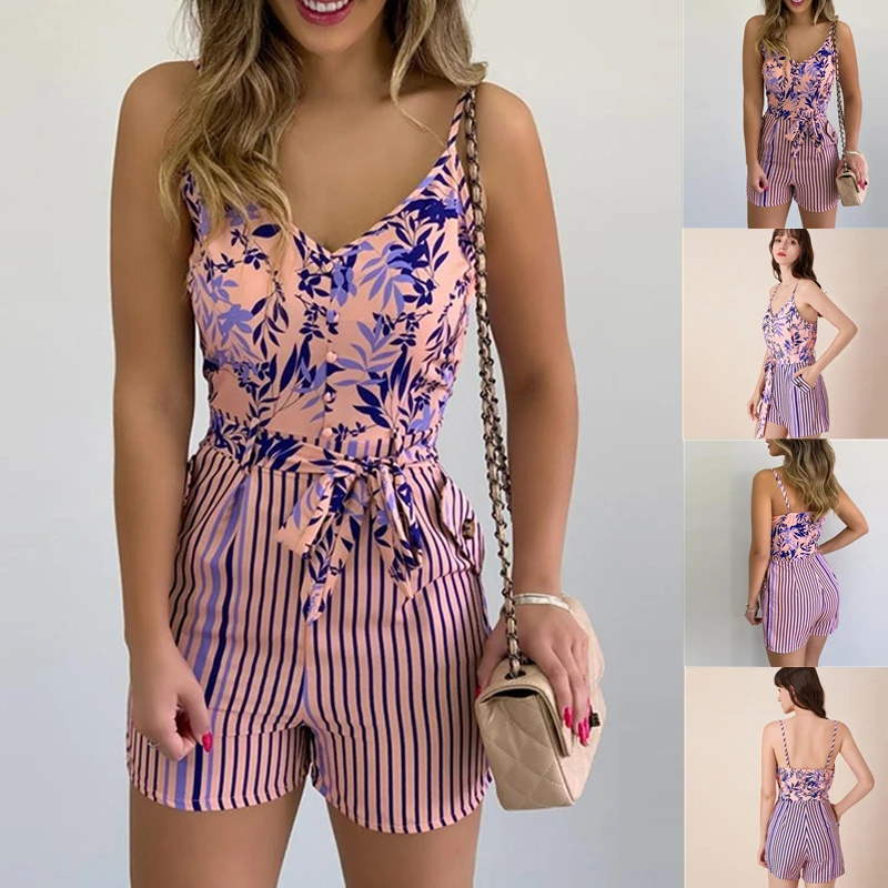 Women Summer Print Jumpsuit With Belt Sleeveless Beach Rompers Bodycon Slim Strap Bodysuit Wide Leg Overalls Playsuit Clothing
