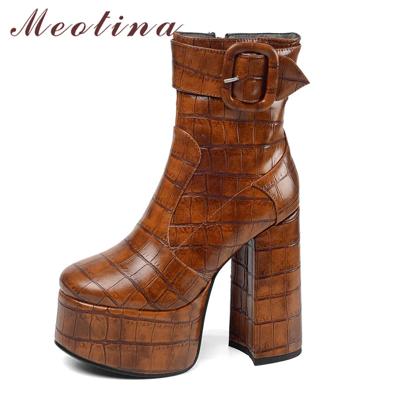

Meotina Women Short Boots Shoes Buckle Platform Super High Heel Ankle Boots Zipper Thick Heels Lady Boots Autumn Brown Size 43