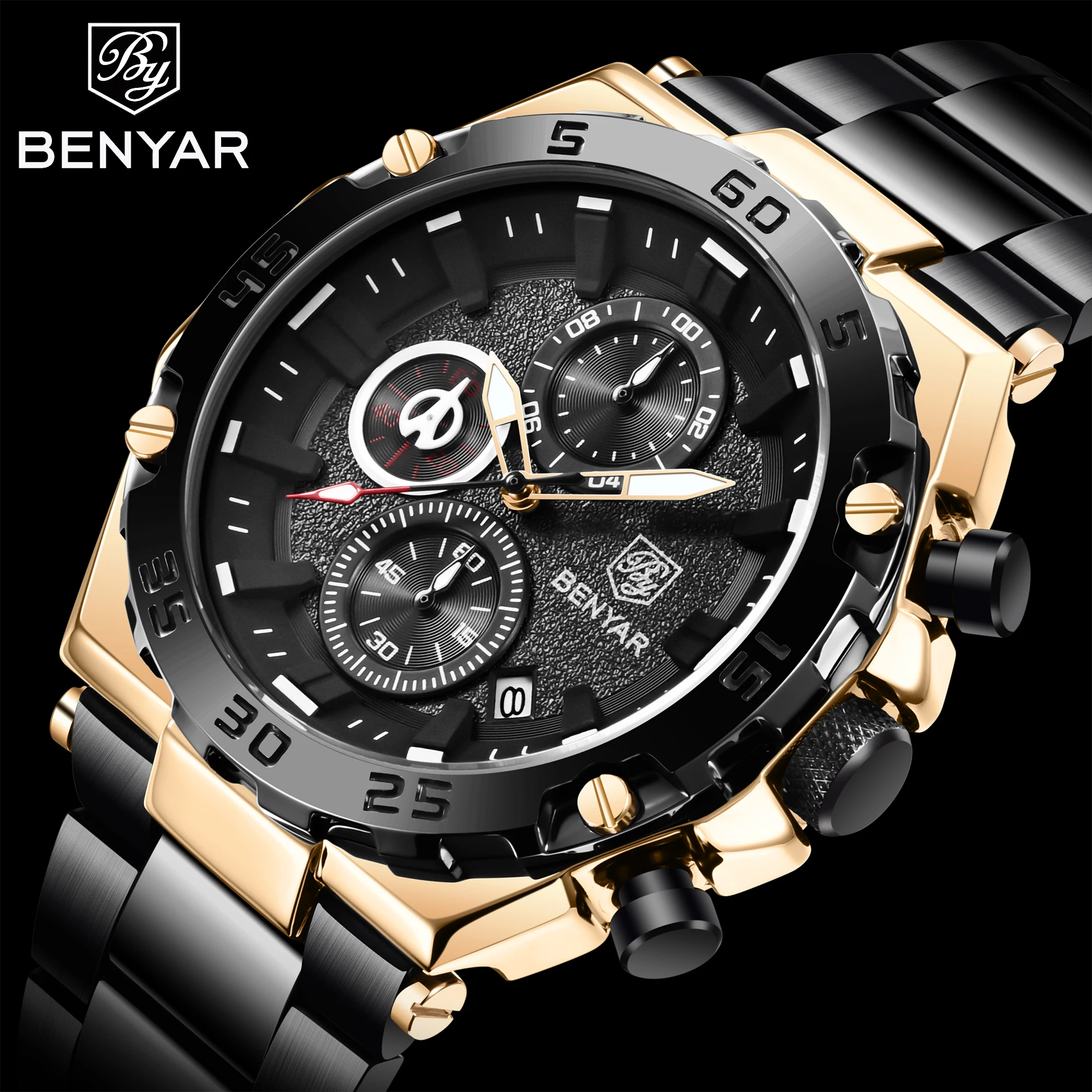 

BENYAR Top Brand Luxury Men Quartz Wristwatch Stainless Steel Waterproof 30M Business Chronograph Watch for Men Reloj de hombre