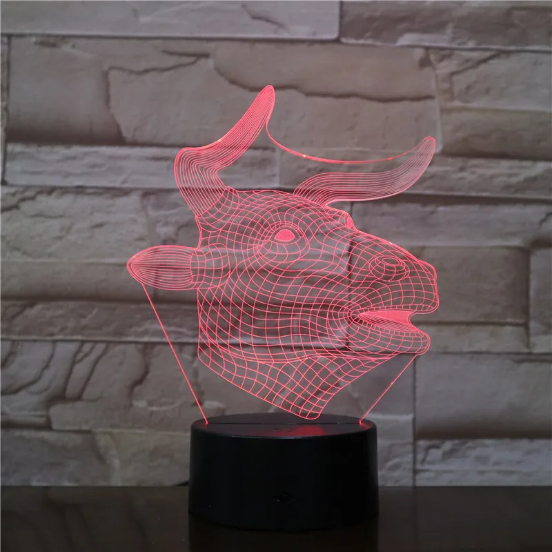 2019 Новинка 3D ночной Светильник бык мультяшная голова крупного рогатого скота