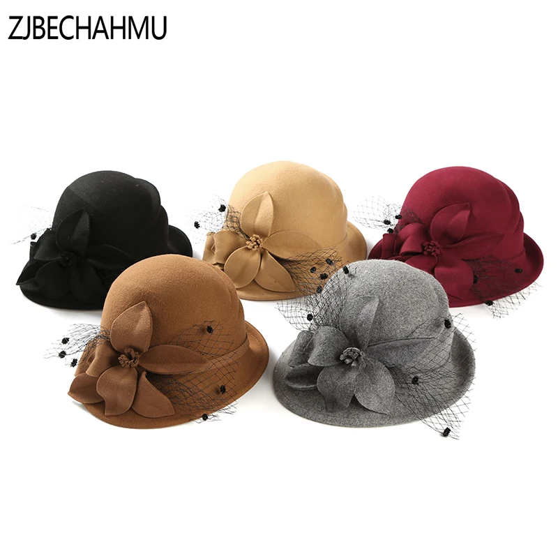 

ZJBECHAHMU Fashion Solid Wool Floral Vintage Elegant Fedoras For Women Girl Winter Warm Hat Outdoor holiday wedding hat Jazz cap