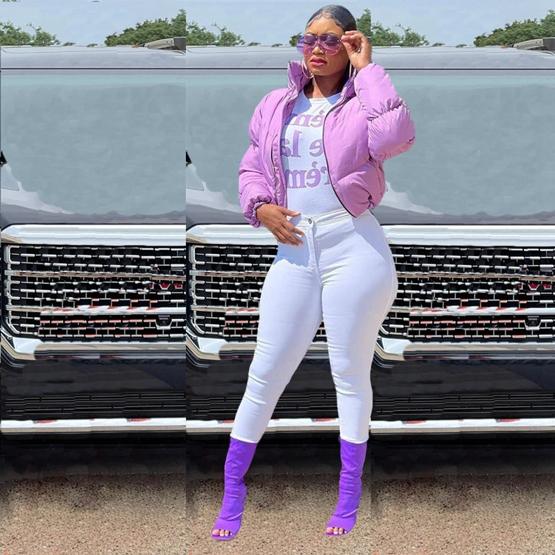 Women Solid Down Coat Winter Long Sleeve Stand Collar Parka Thick Warm Bubble Coat Zipper Cropped Puffer Outfit Casual Overcoat