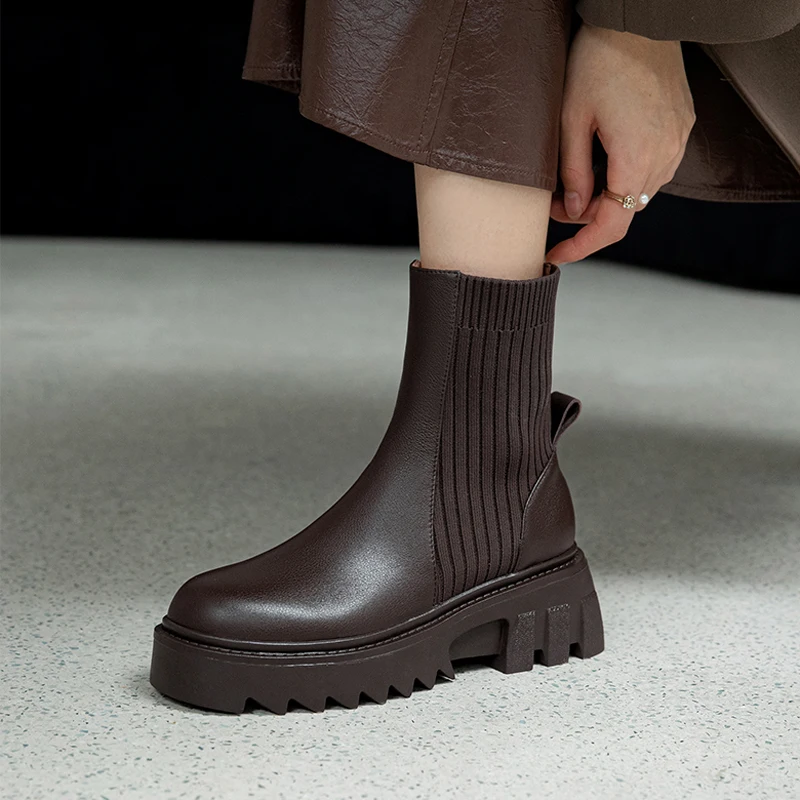 

Women ankle boots natural leather shoes 22-25cm Autumn and winter Cowhide upper + knitted boot tube Skinny boots socks boots