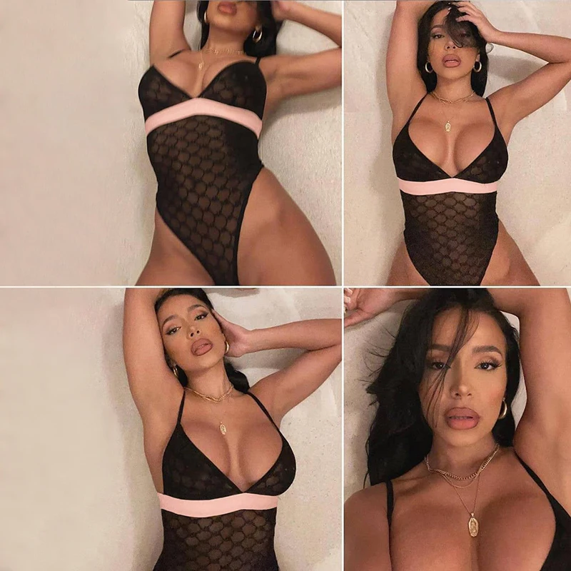 

AIIOU Women Sexy See Through Lingerie Lace Mesh VNeck Bodysuit Backless Clubwear Hollow Outfit Female Deep V Teddy Bodycon Mujer