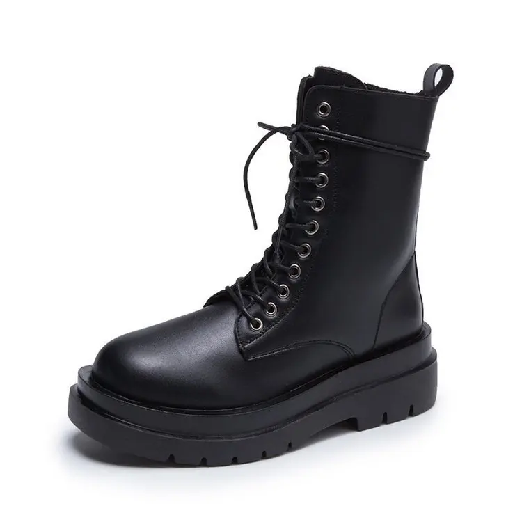 High-top Martin Boots Female Korean Fashion Lace-up Handsome Motorcycle Boots Plus Velvet Boots Shoes Women  High Heel Boots