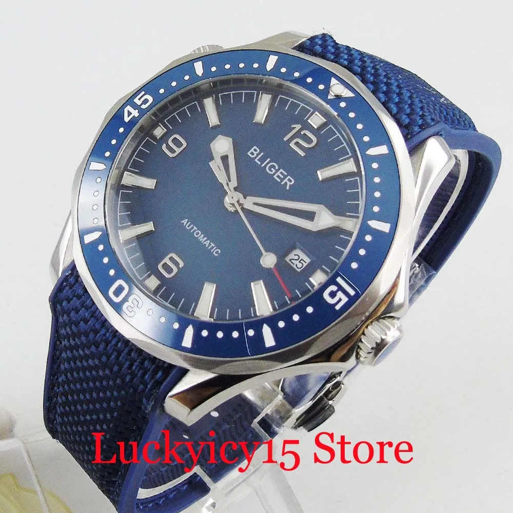 

41mm BLIGER Autoamtic Men Wristwatch Sapphire Glass Date Window Rubber Strap DG 2813 Movement