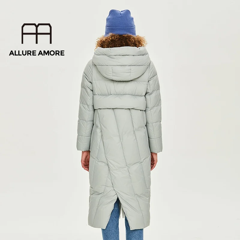 AllureAmore, зимняя и осенняя верхняя одежда для женщин, белая утка, х-длинный пуховик, теплая куртка с капюшоном, Модная парка-кокон, большие размеры, дизайн