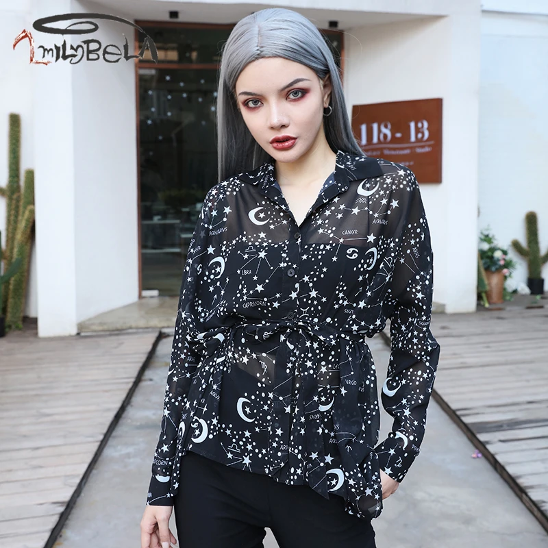 ImilyBela Gothic Blouse Women Casual Long Sleeve Print Bow-knot Turn-down Collar Black Shirt Autumn Loose Blusas Sexy Streetwear |