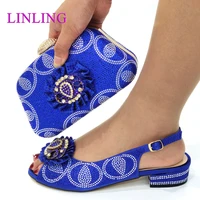 italian design nigerian fashion party blue color women shoes and bag set decorated with colorful crystal and streamer modeling