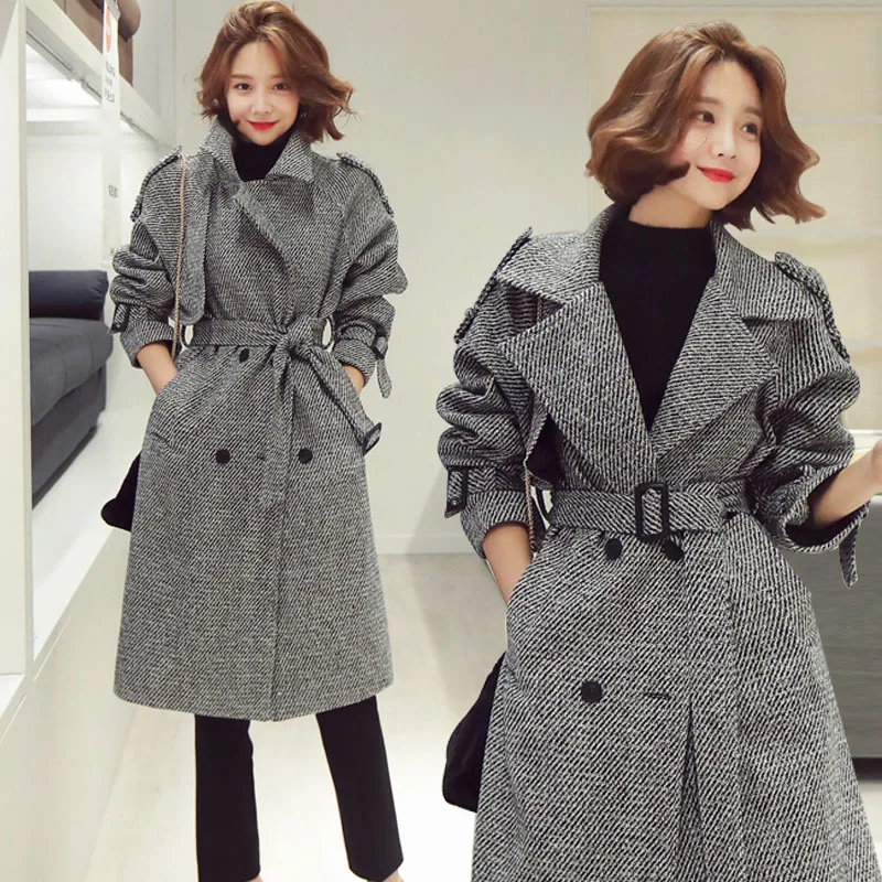 Корейское длинное шерстяное пальто с узором гусиная лапка элегантное женское