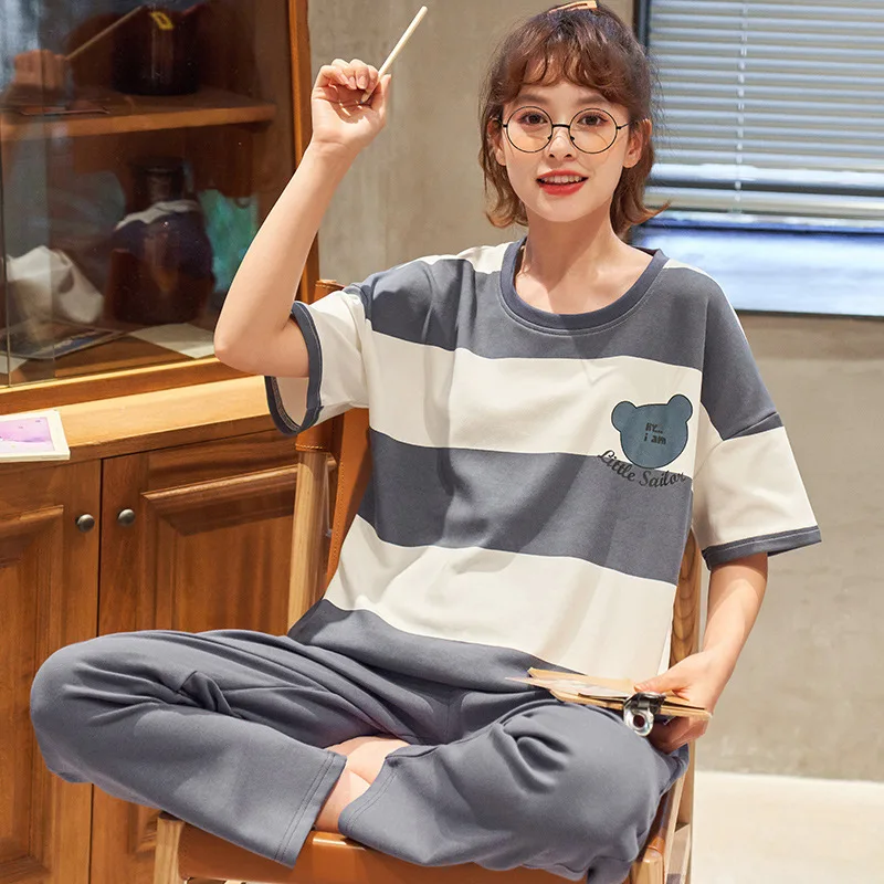 21 New Pajamas Women's Short Sleeve Trousers Nightgown Spring Summer Cotton Nightwear Korean Leisure Home Suit Plus Size