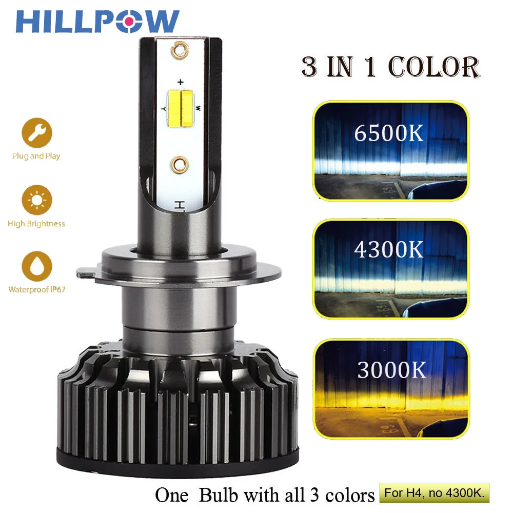 Hillpow фар автомобиля H4 светодиодный H7 H11 H8 HB4 H1 H3 HB3 3 в 1 цвет 72W фары для 8000LM Авто Стайлинг 3000K 4300K 6500K светодиодный помощи при парковке