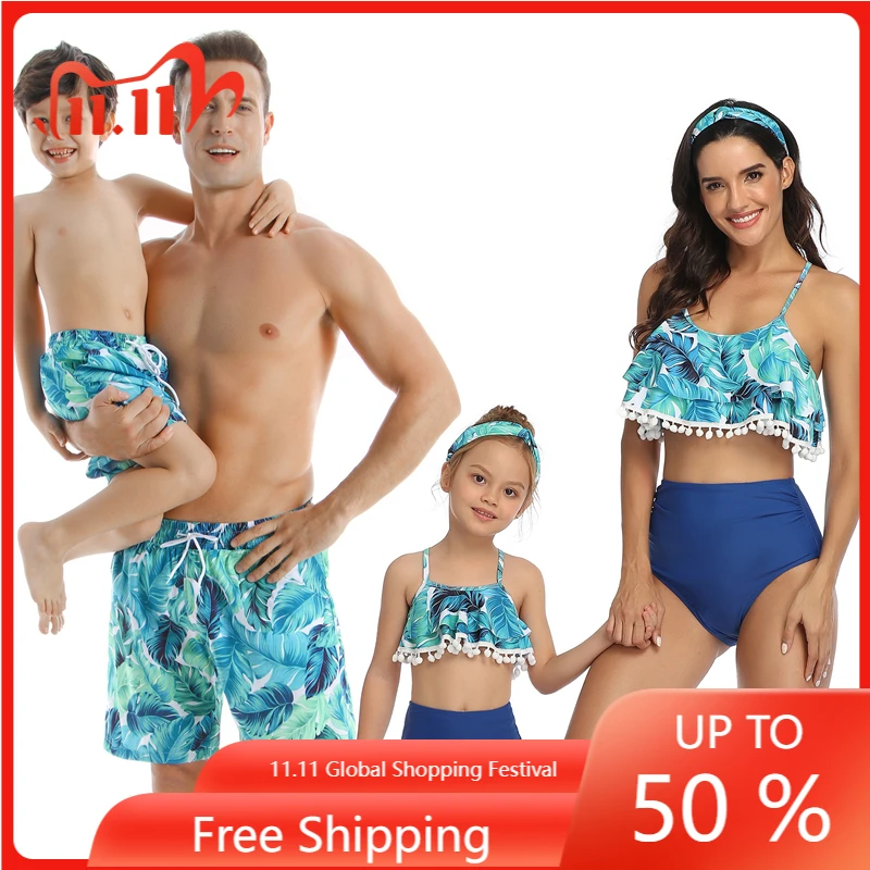 

2021 Family Matching Outfit Swimwear Women Swimsuit Mother Daughter Kid Son Girl Bathing Swim Suit Mayo Bikini Summer BeachDress