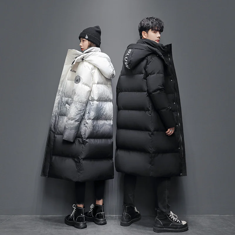

2021 Down jacket men's X-Long gradient loose fashion couple winter White duck down Thicken jacket Hooded Warm Parka Coat