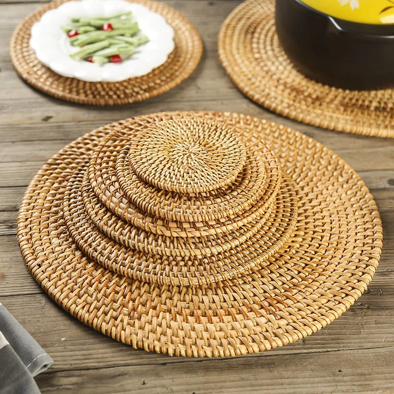 

6PCS Woven Rattan Coasters Set With Holder Table Mat Placemat Coffee Tea Cup Coaster Pot Bowl Pad Glass Base Kitchen Accessories