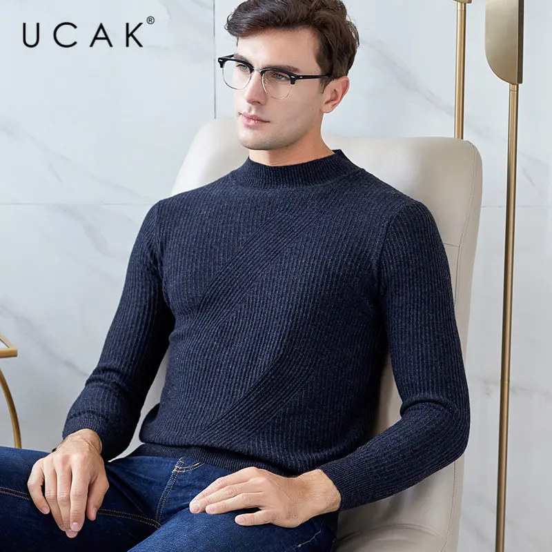 UCAK бренд мериносовой шерстяной мужской свитер уличная Slim Fit Pull Homme Осень Зима Водолазка свитера кашемировый пуловер для мужчин U3046