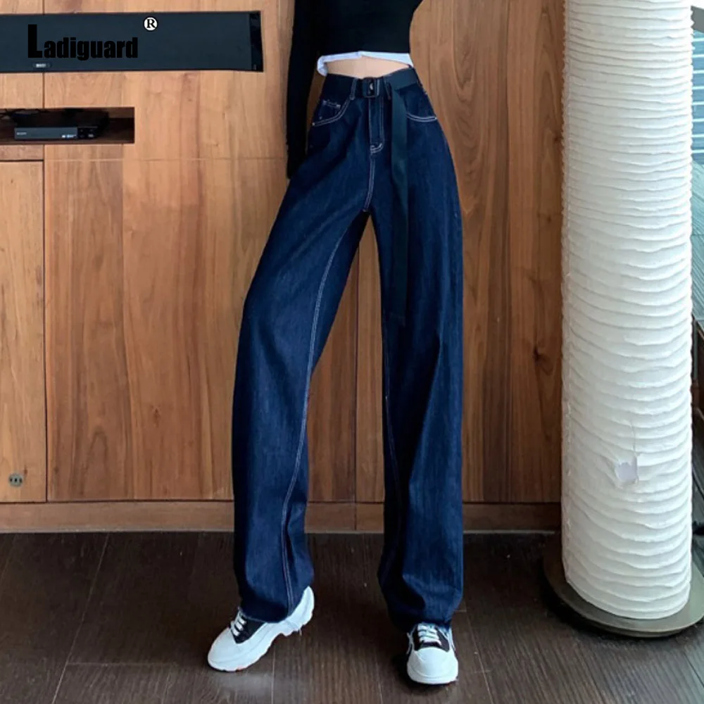 Ladiguard Fashion Waist Sashes Pants Women's Jeans Denim Trouser Japanese Straight Pantalon High Cut Boyfriend Jeans Fall Pants