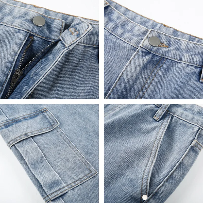 

Pockets Patchwork High Waist Jeans Women Streetwear Straight Jean Cargo Pants