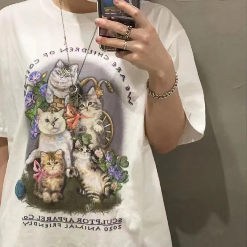 Летняя корейская модная рубашка Kawaii милый кот Ins винтажный Ретро стиль хипстер