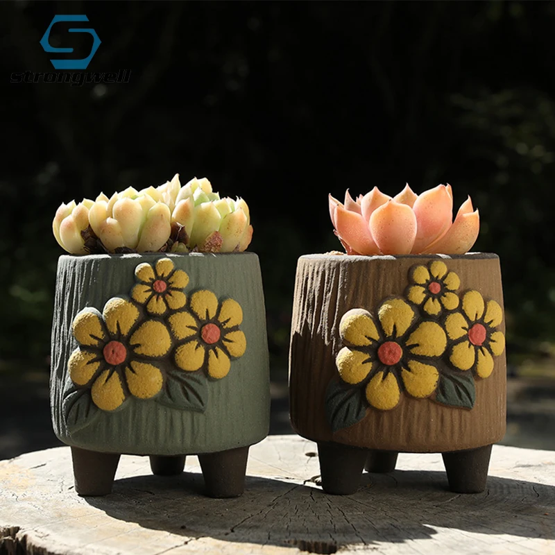 

Strongwell Creative Hand Pinch Floret Succulent Flower Pot Vintage Green Plant Ceramic Art Potted Home Balcony Gardening Planter