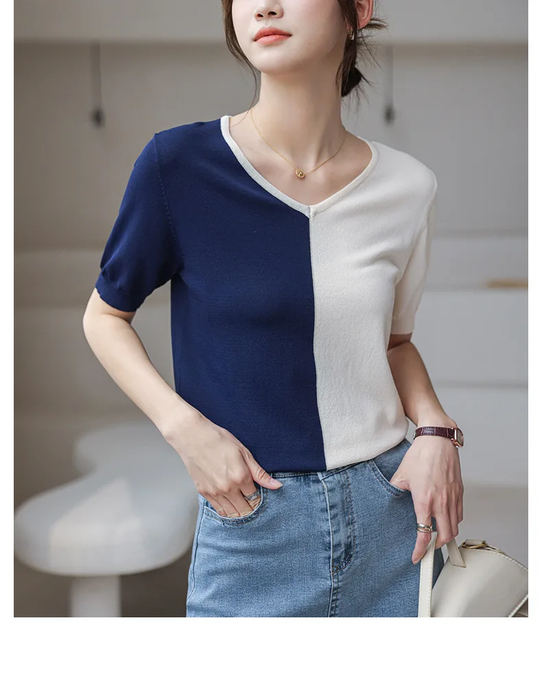 

Color Block Sweater Women Short Sleeve V Neck Summer Knit Outfit Two Tone Pieced S-XL