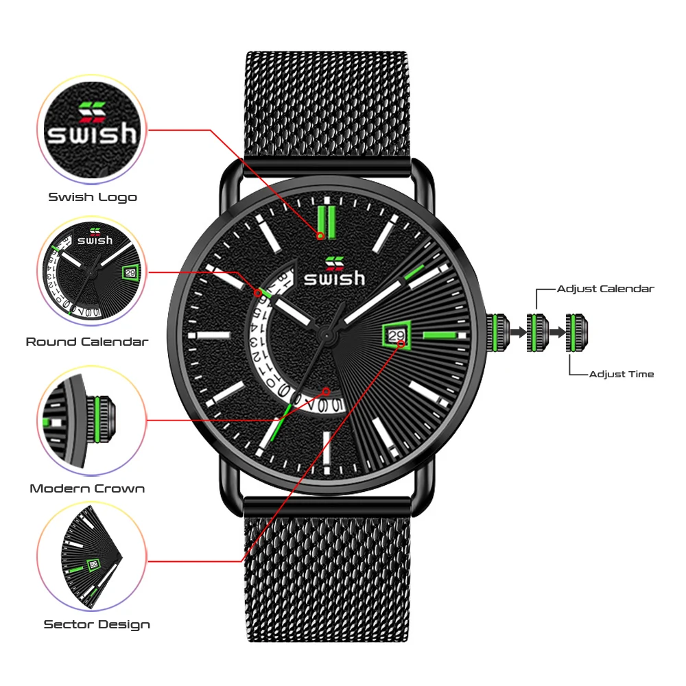 Часы наручные SWISH Мужские кварцевые брендовые Роскошные креативные ультратонкие