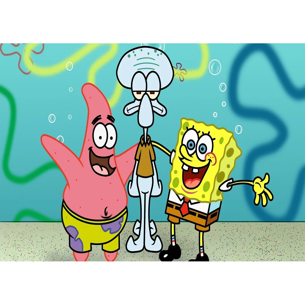 Spongebob квадраты вечерние фон Патрик звезда сцена стены фото фон Дети плакат "с днем рождения" для фотосессии