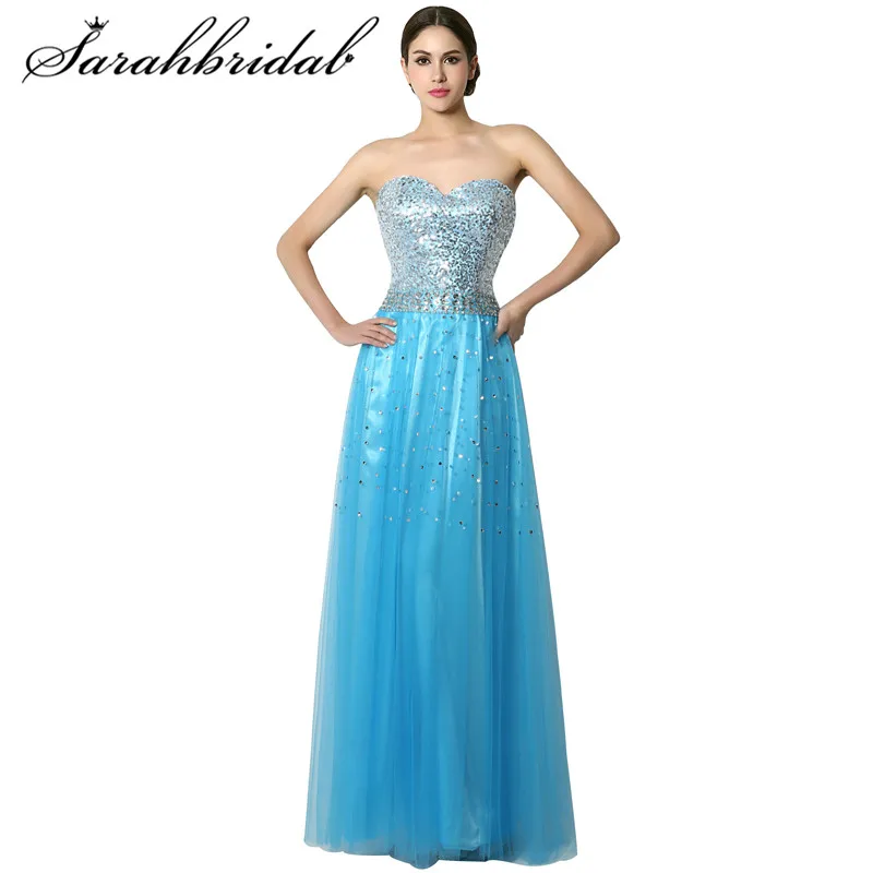 

Classic Evening Gown Sleeveless Strapless Lace Up Empire Floor Length New Tulle Prom Dresses Sequins A Line Robe De Soiree SD085