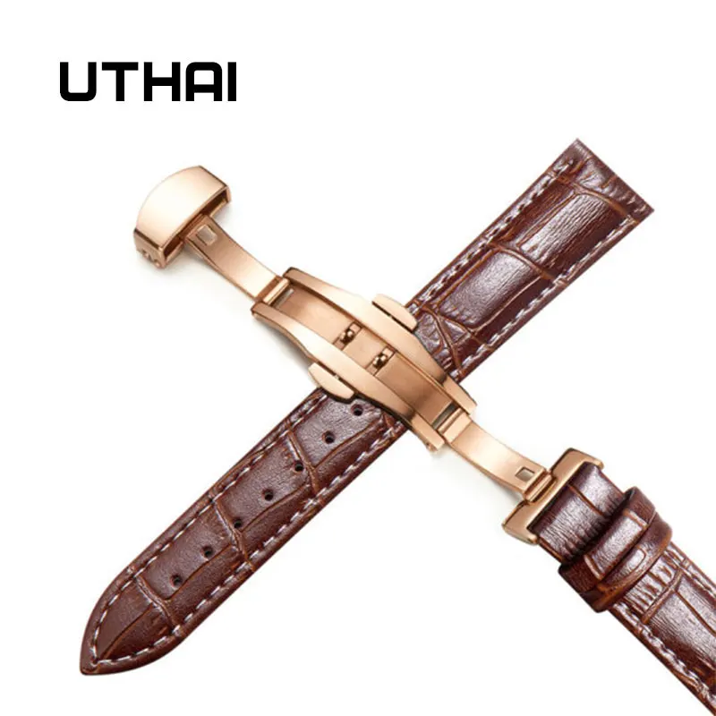 Rosegold-brown-white UTHAI Z09 плюс Натуральная кожа Ремешки для наручных часов 12-24 мм Универсальные часы Бабочка Пряжка группа сталь Пряжка ремешок наручный ремень браслет - Цвет ремешка: Rosegold-brown-white