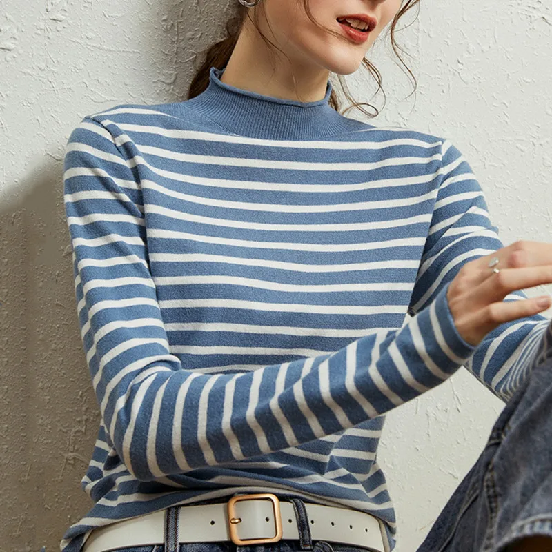 

Autumn Winter Striped Print Knitted Bodycon Sweater Turtleneck Long Sleeve Slim Sexy Jumper Pullover Basic Knitwear Sweaters