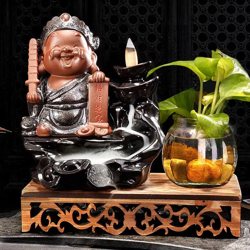 

210x190mm Large Ornaments Purple Sand Mascot Little Monk Backflow Incense Burner Tea Ceremony Home Decoration Ornaments