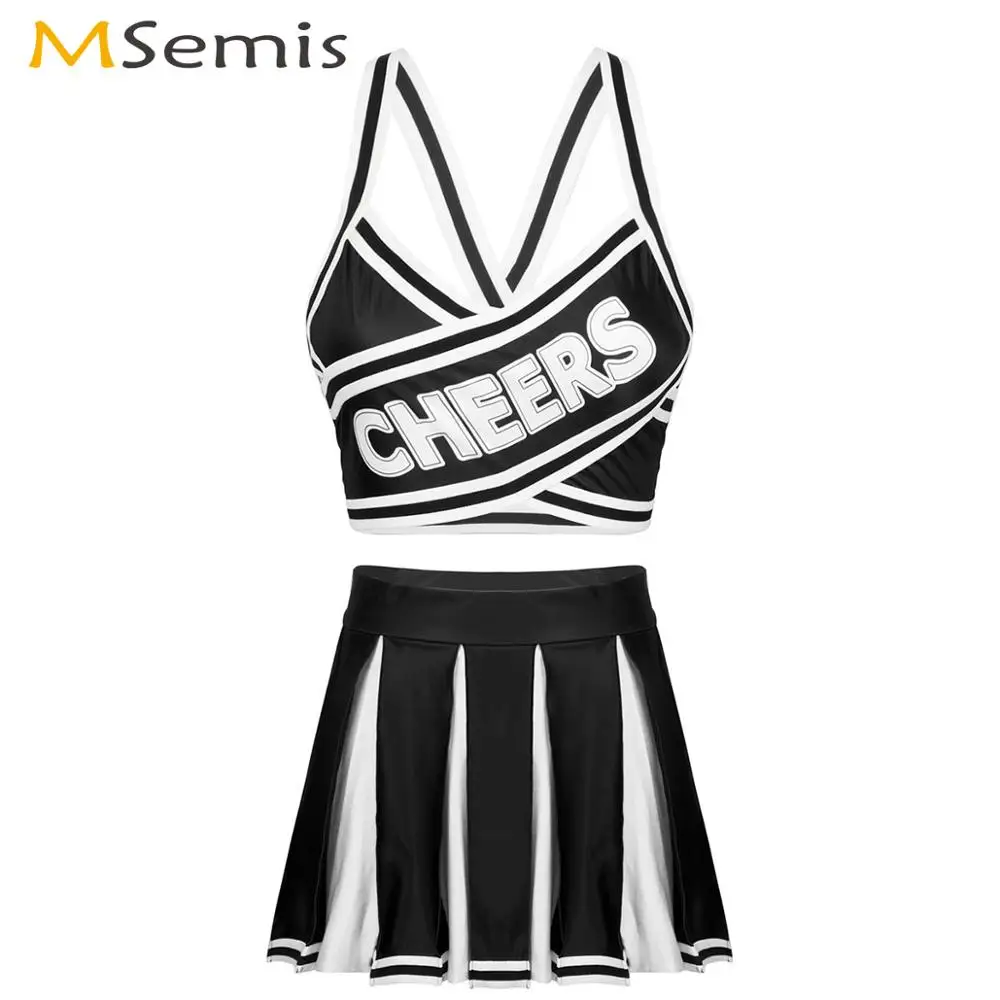 

Women Adult Gleeing Cheerleader Outfit Naughty Schoolgirl Cosplay Costume Clubwear Stripe Crop Top with High Waist Pleated Skirt