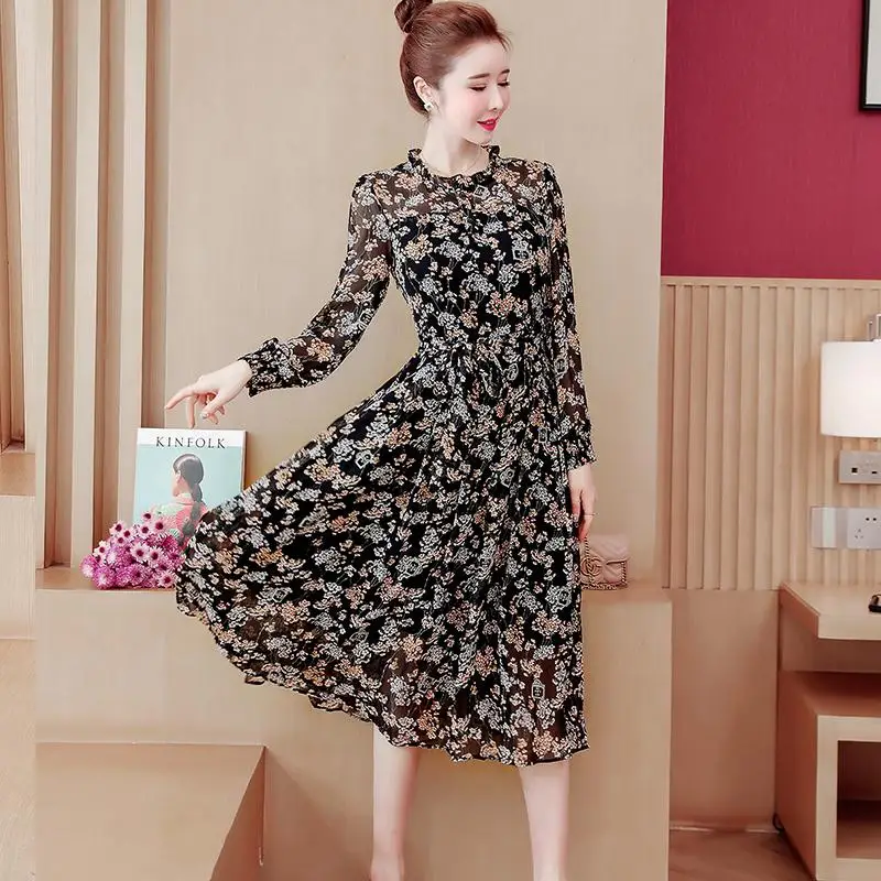 Женское весеннее длинное платье с принтом повседневное шифоновое цветочным