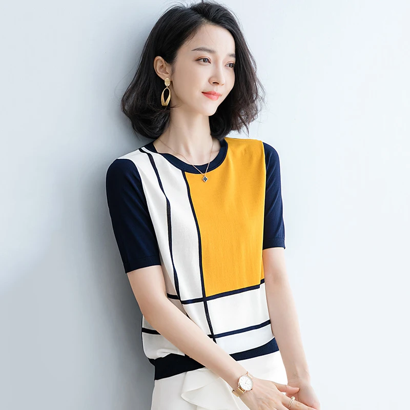 

Женские вязаные пуловеры SHZQ, новые летние модные свитера с круглым вырезом и короткими рукавами, в стиле пэчворк, тонкий джемпер для женщин