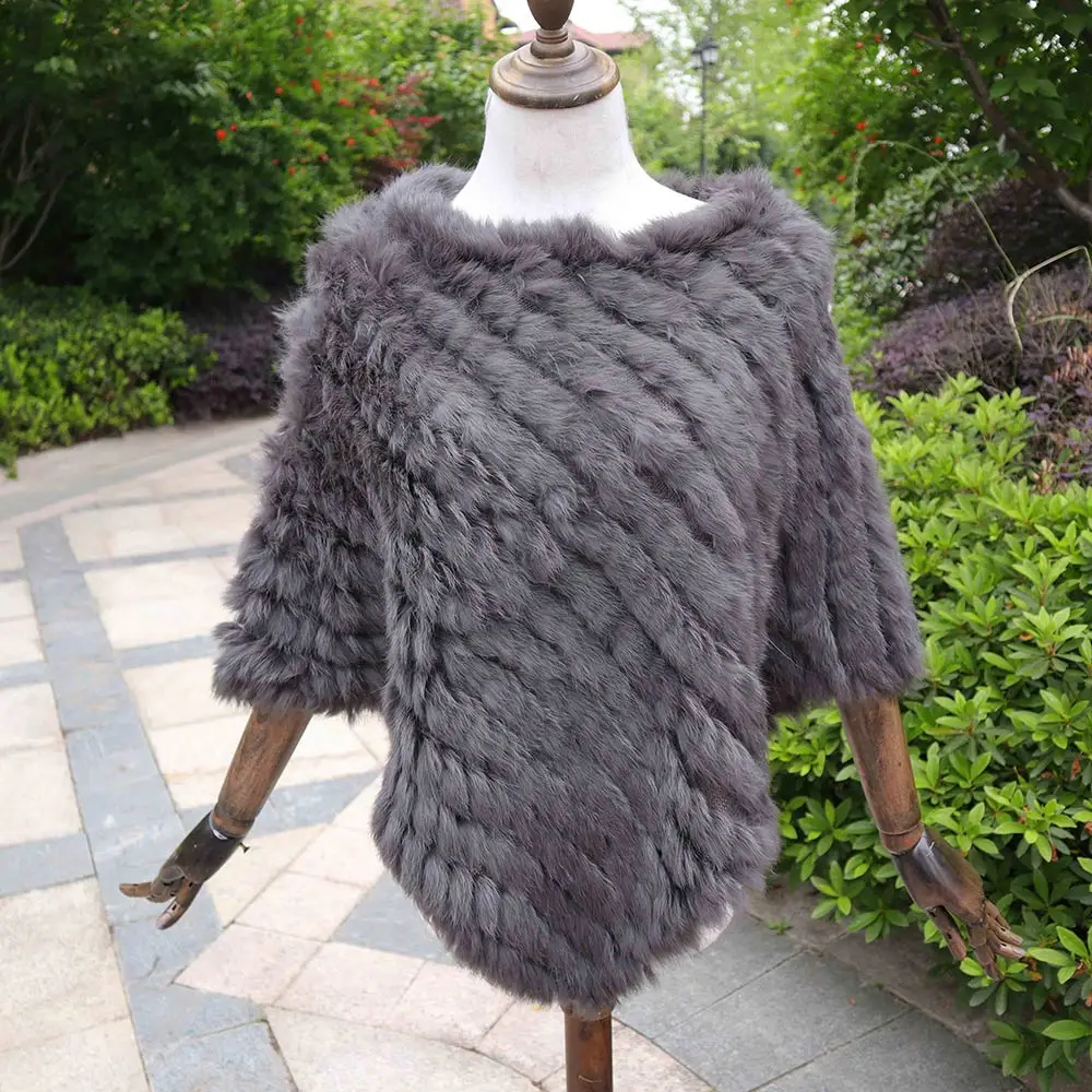 ZDFURS* Зимняя распродажа, Вязаное пончо из натурального кроличьего меха, модная шаль из натурального кроличьего меха, женское меховое пончо - Цвет: dark grey