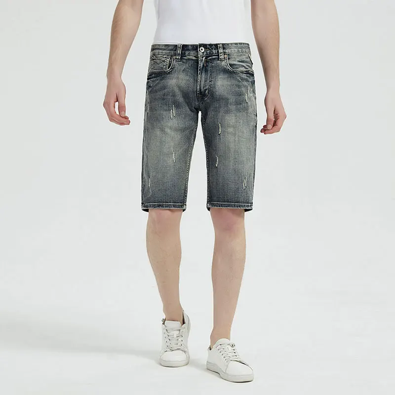 European American Summer Fashion Men Jeans Retro Gray Blue Distressed Wash Ripped Short Jeans Men Vintage Designer Denim Shorts